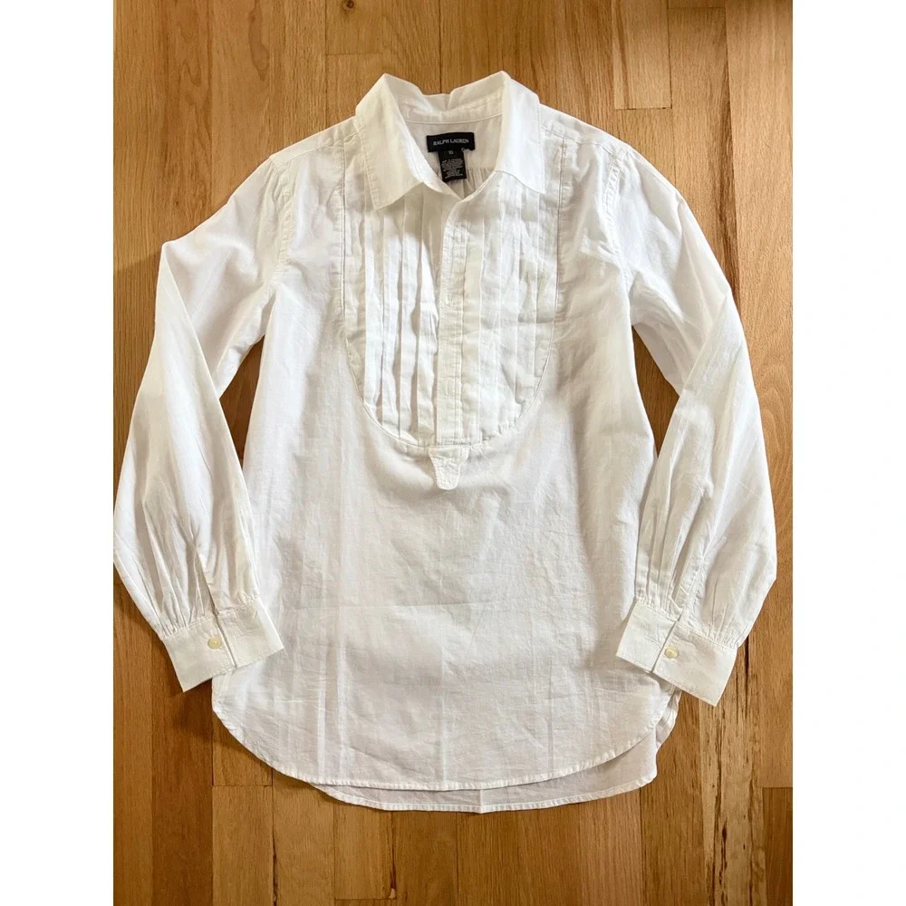 Ralph Lauren Kids White Cotton Tuxedo Pleated Bib Long Sleeve Shirt Size 10
